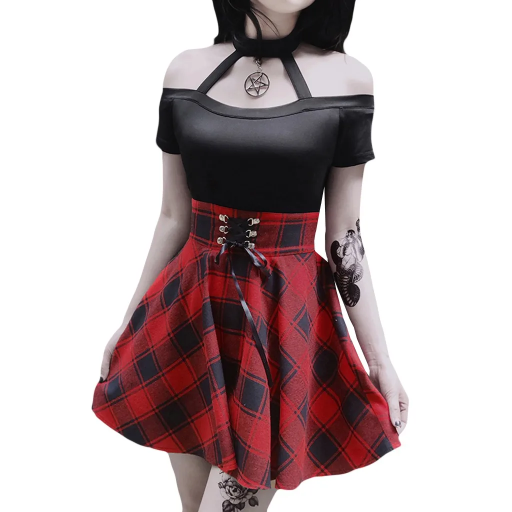 

Plaid Print Fashion Dress For Women Punk Vintage Hanging Neck Short Sleeve Sundress Tide Retro Lady Bandage Sundress Vestidos