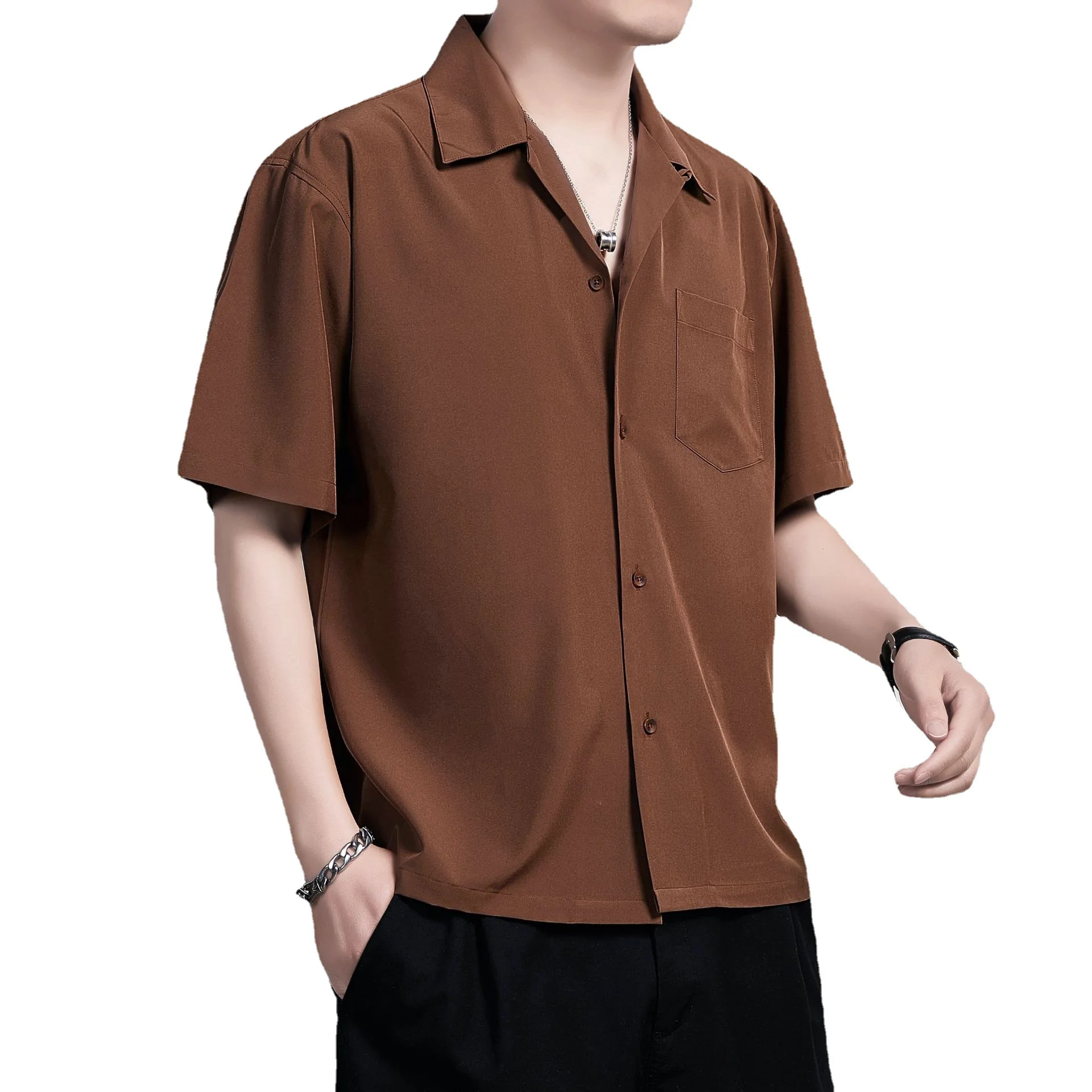 Short Sleeve Cuban Collar Casual Shirt Summer Solid Color Harujuku Shirts for Men Korean Clothes Camisas Para Hombre White Black men casual shirt