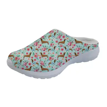 

doginthehole Women Beach sandals Slip-on Breathable Gray Cute Dachshund dogs Flower Nurse shoes Print on demand Home Slippers