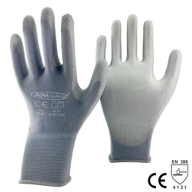 24 Pieces/12 Pairs PU Palm Coated Knitted Nylon Cotton Safety Glove CE Certificated Mechanic Protective Working Gloves PU1350DMF -GR