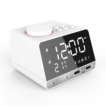 

Wireless Bluetooth Bass Speaker FM Radio Mirror LED Dual Alarm Clock USB Charger(White,UK Plug)