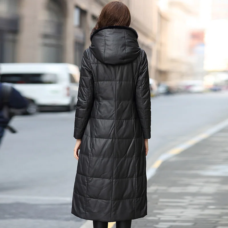 Женские пуховики из натуральной овчины Длинная зимняя теплая куртка кожи с