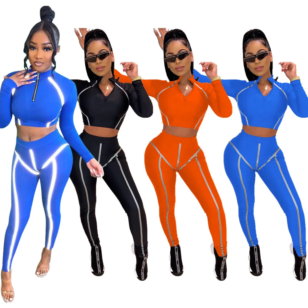 

New Arrival Autumn Women Suit Casual Style Solid-color Reflective Stickers Long-sleeves Zipper Tops & Trousers 2 Piece Set