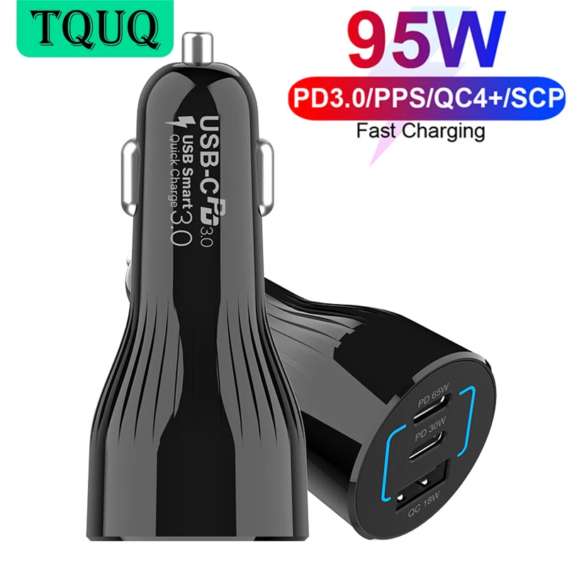 95W USB C Car Charger 3-port PPS/PD 65W/45W/30W/20W QC3.0 18W for Xiaomi Huawei Type-C Laptop Tablet iPhone 12 Note 10/20/S20 | Мобильные