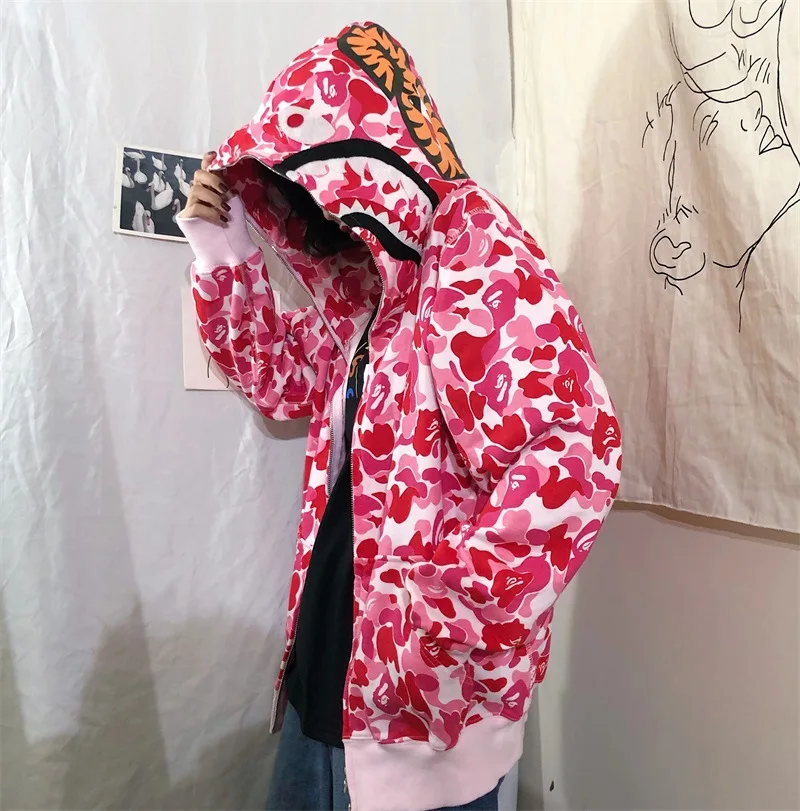 Zipper Shark Camouflage Hoodies Women Men Sweatshirts Harajuku Hip-Hop Loose Couple Coat Korean Funny Oversized Hoodie Jacket pink hoodie