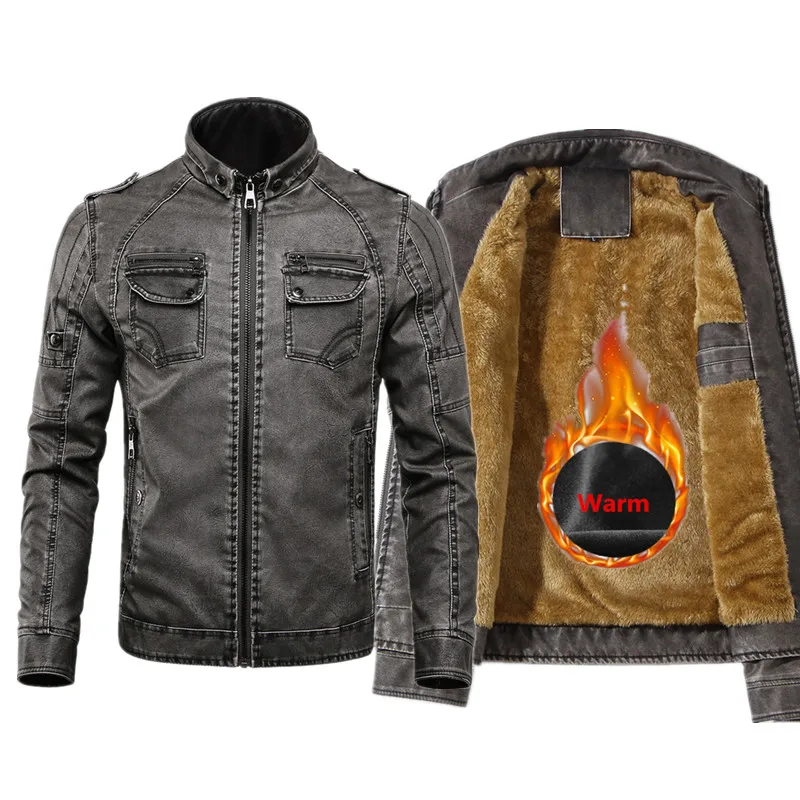 Мужская теплая байкерская куртка из искусственной кожи зимняя искусственного