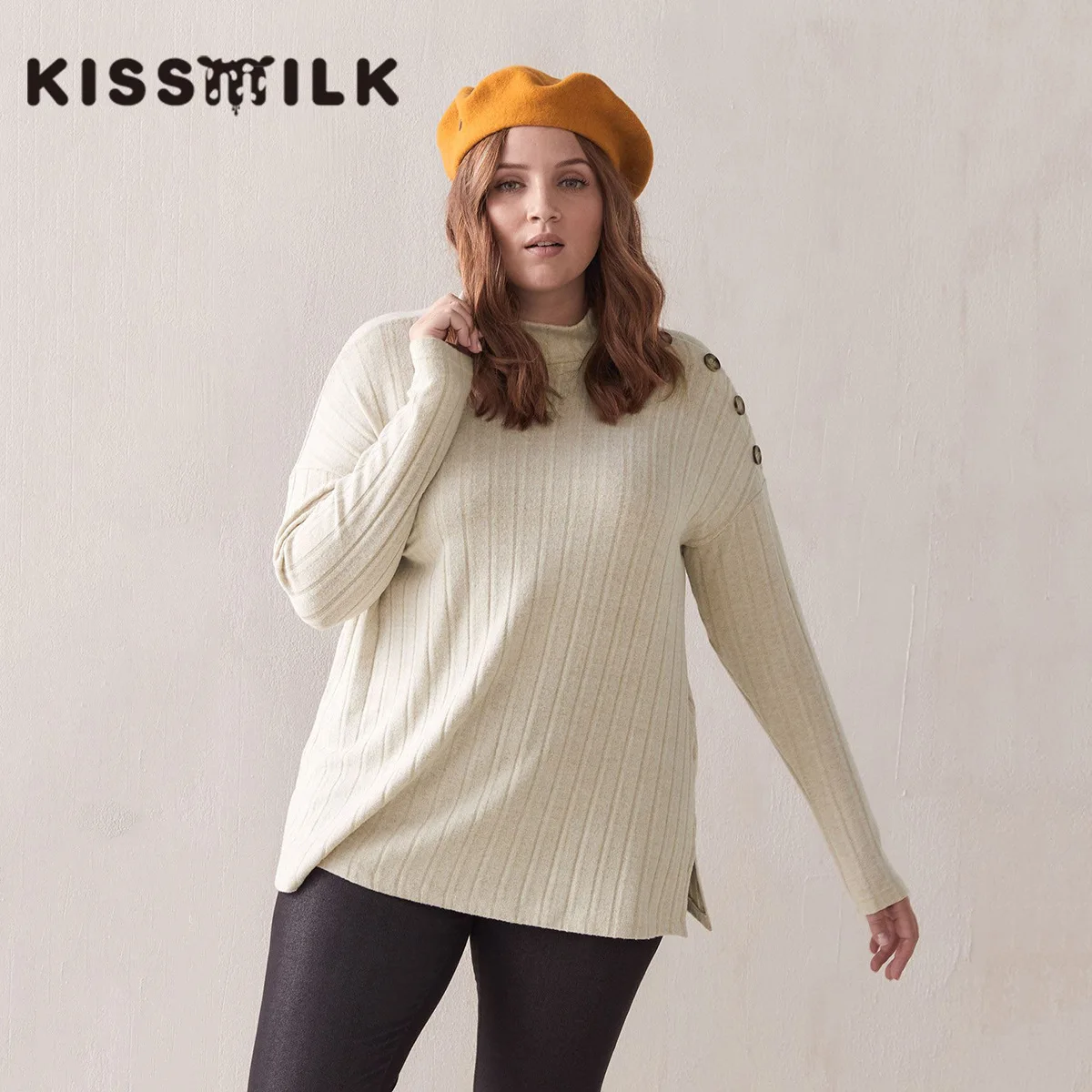 

Kisilk Solid Color Casual-Style Stand Collar Wide Striped Knit Unilateral Button Side Slit Long Sleeve Large Size Sweater