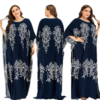 

Muslim Women Printed Loose Long Dress Batwing Sleeve Oversized Vintage Maxi Robe Middle East Kaftan Plus Size Turkish Oman Robe