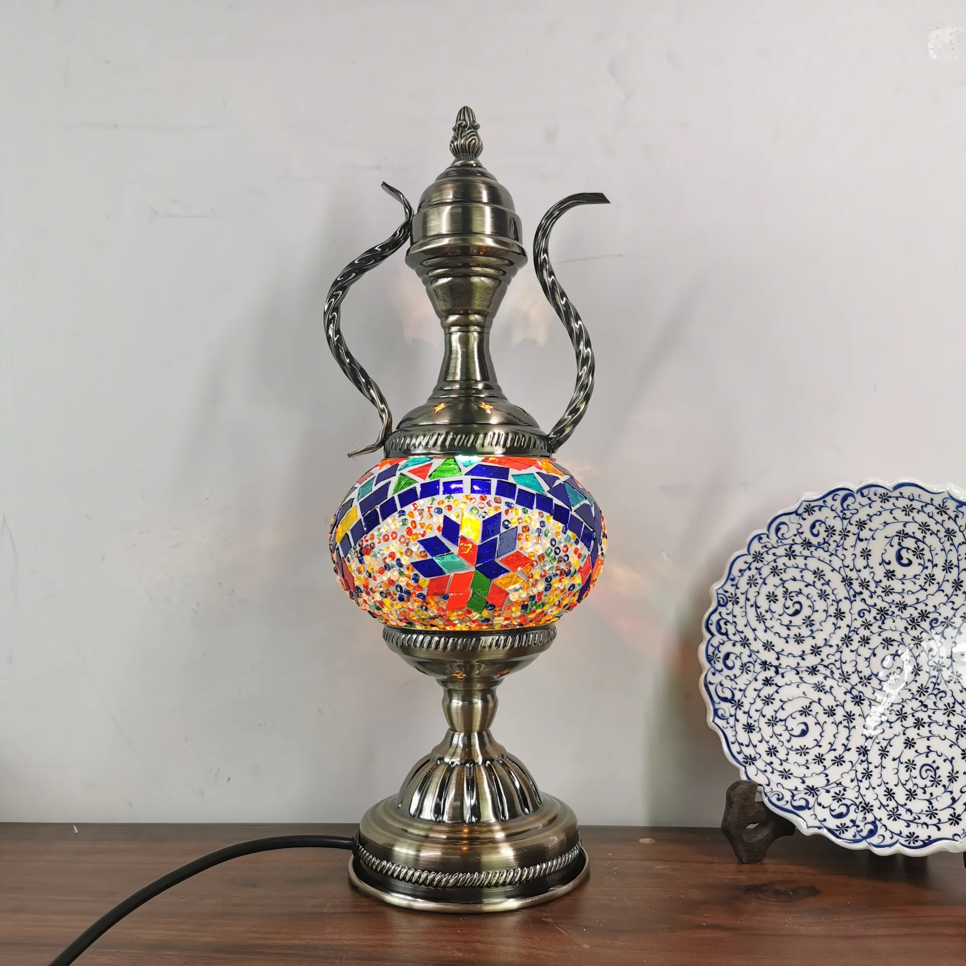Turkish Style Exotic Retro Glass Decorative Table Lamp Coffee Pot Living Room Bedroom Bedside Led Night Light
