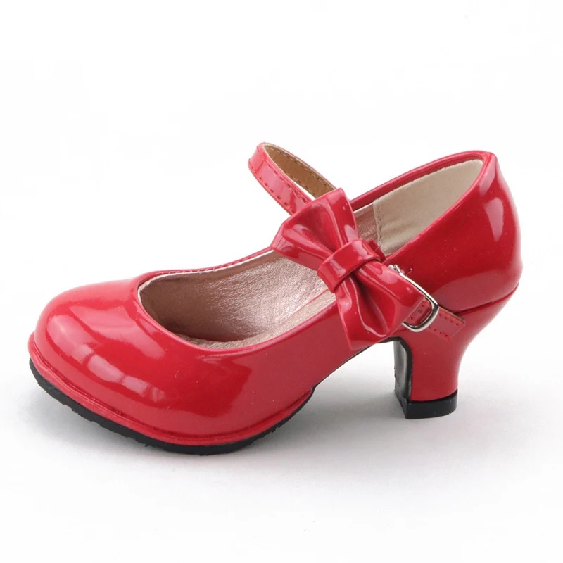 New Hot Sale Princess Shoes Girls Party Bow Shoes Shiny Solid Red Color High-heeled Fashion for Kids Size 26-35