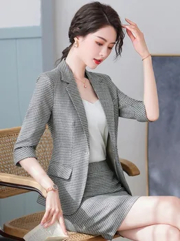 

Plaid Small Suit Coat Female Thin 2020 New Half-Sleeve Shirt Suit 2 Set Piece Skirt and Suit Women Skirt Suit Office Uniforms