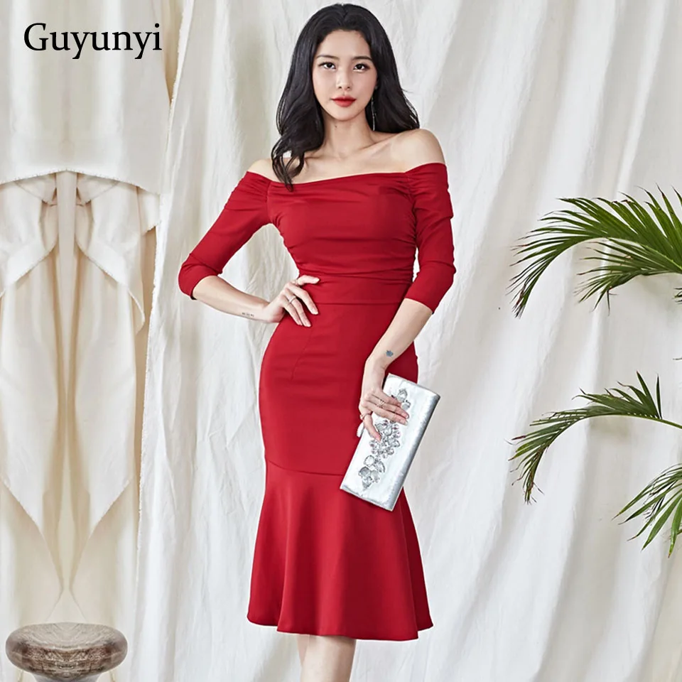 

Red Sexy Nightclub Dress 2019 Autumn Off The Shoulder Slash Neck Simple Tight-fit Slim Fishtail Hem Elegant Party Dress Women