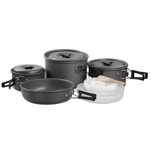 14 Pieces Outdoor Camping Hard Alumina Cookware Mess Kit  Utensils PP Dishes Bowls Spoon for 5 Person