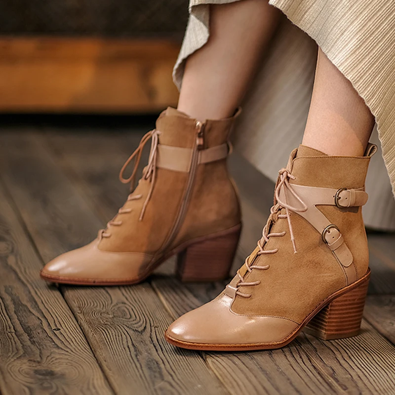 

Sexy Ankle Boots for Women Black Brown Square High Heels Martin Boots Lace Up Platform Autumn Winter Shoes Woman Motorcycle Boot