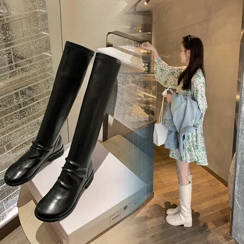 

2021 New Arrival Women Boots Genuine Leather Boots Low Heel Round Toe Autumn Winter Knee High Boots Black Rice White