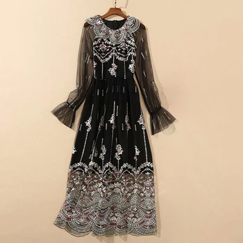 

HIGH QUALITY Newest Fashion 2020 Runway Dress Women's O-Neck Petal Sleeve vintage Embroidery Gauze dress