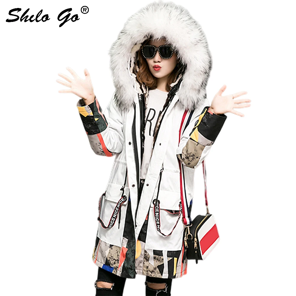 

Fur Parkas Highstreet Graffi Printed Real Fox Fur Collar Hooded Rabbit Fur Lining Long Coat Women Winter Casual Warm Outwear