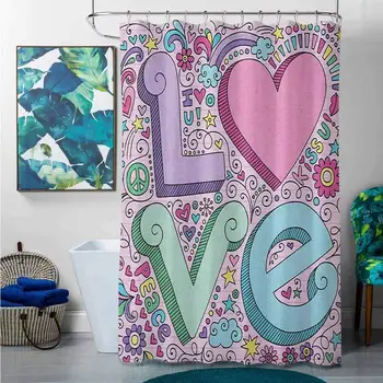 

Bathroom Decor Sets with Shower Curtains and s Doodle,Hand Drawn 3D Love Valentines Lettering Psychedelic Goorvy Sixties