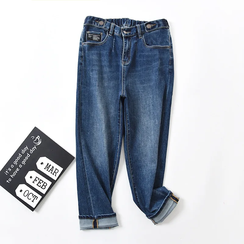 

Shuchan Elastic Waist Harem Pants Streetwear Women Jeans Softener Washed Bleached Full Length High Waisted Jeans Cotton