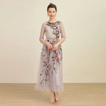 

High-Quality Spring New Women'S Party Sexy Casual Workplace Vintage Elegant Chic Mesh Embroidery Stitching Fashion Midi Dress