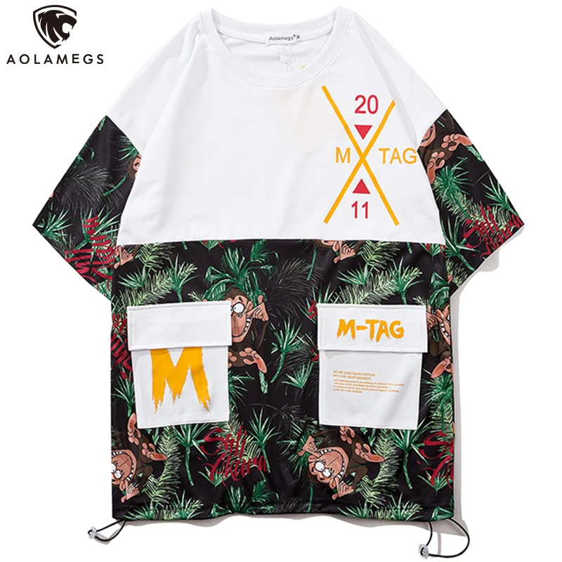 

Aolamegs T Shirt Men Funny Cartoon Animal Plant Print Streetwear Casual Cargo Pocket Drawstring Harajuku Fashion Male Tee Shirts