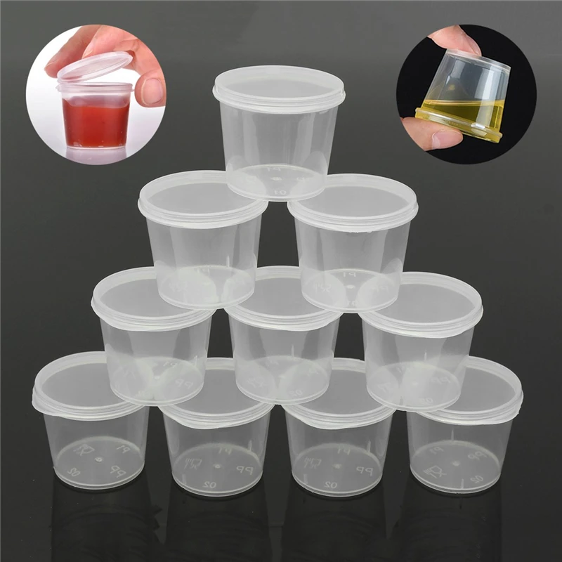 

50 Pack 30ml Plastic Condiment Cups with Attached Leak Resistant Lid, Bpa Free, Clear Portion Container for Condiments, Samples