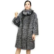 

New Real Silver Fox Fur Coat Natural Fox Fur Women Fur Coat Knit Liner Stand Collar Autumn Winter Fashion Warm Overcoat Outwear