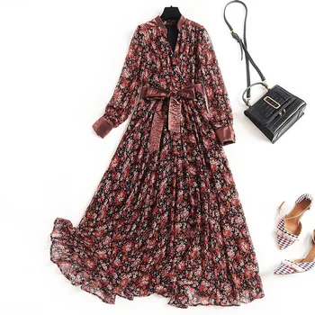 

Women chiffon bohemian dress new 2020 spring summer long sleeve floral patterns print V-neck sashes long dresses black