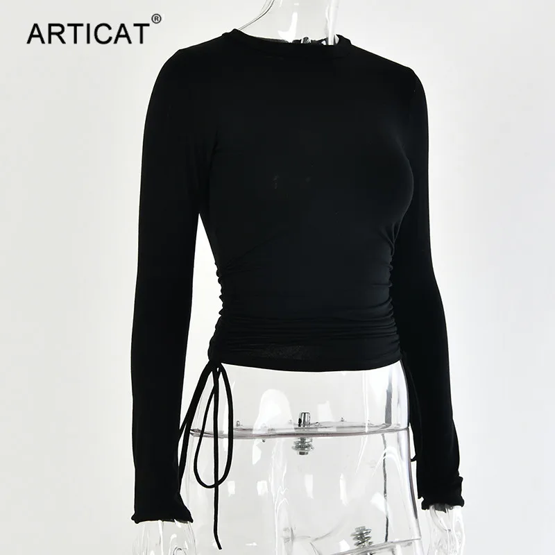 Articat Drawstring Ruched облегающая футболка женская с длинным рукавом и круглым вырезом Стрейчевые однотонные Короткие топы Базовая Повседневная Женская одежда