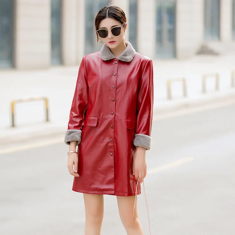 Женская Корейская короткая красная куртка большого размера из искусственной кожи, пальто, осенняя зимняя верхняя одежда, короткая ветровка, одежда 6XL - Color: Red