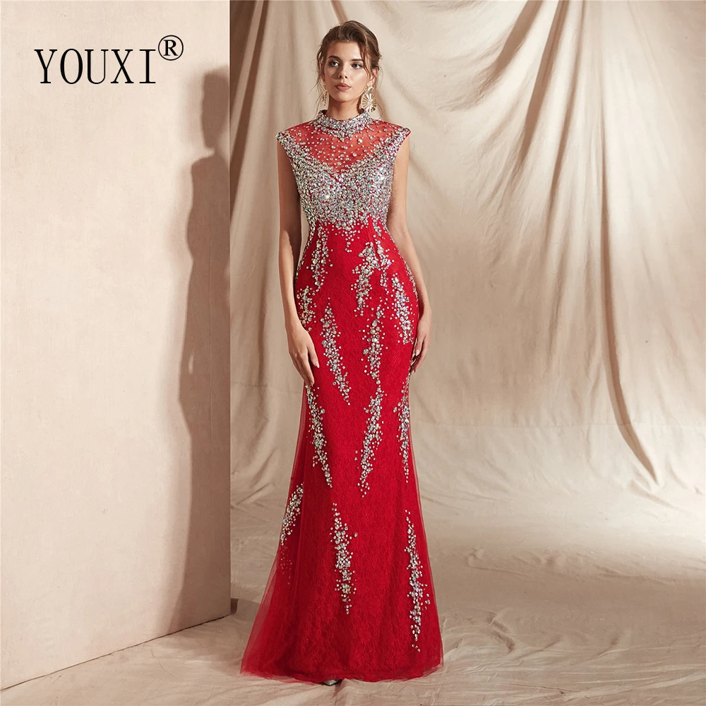 

Elegant Beaded Crystal Lace Evening Dresses 2019 Luxury Sleeveless Mermaid Long robe de soiree abendkleider Lang