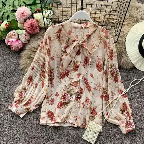 pink Neploe шифоновая блузка с цветочным принтом и бантом, женская рубашка с v-образным вырезом и оборками, новинка, Корейская Повседневная блуза с длинным рукавом-фонариком, блузы 55831 - Цвет: pink