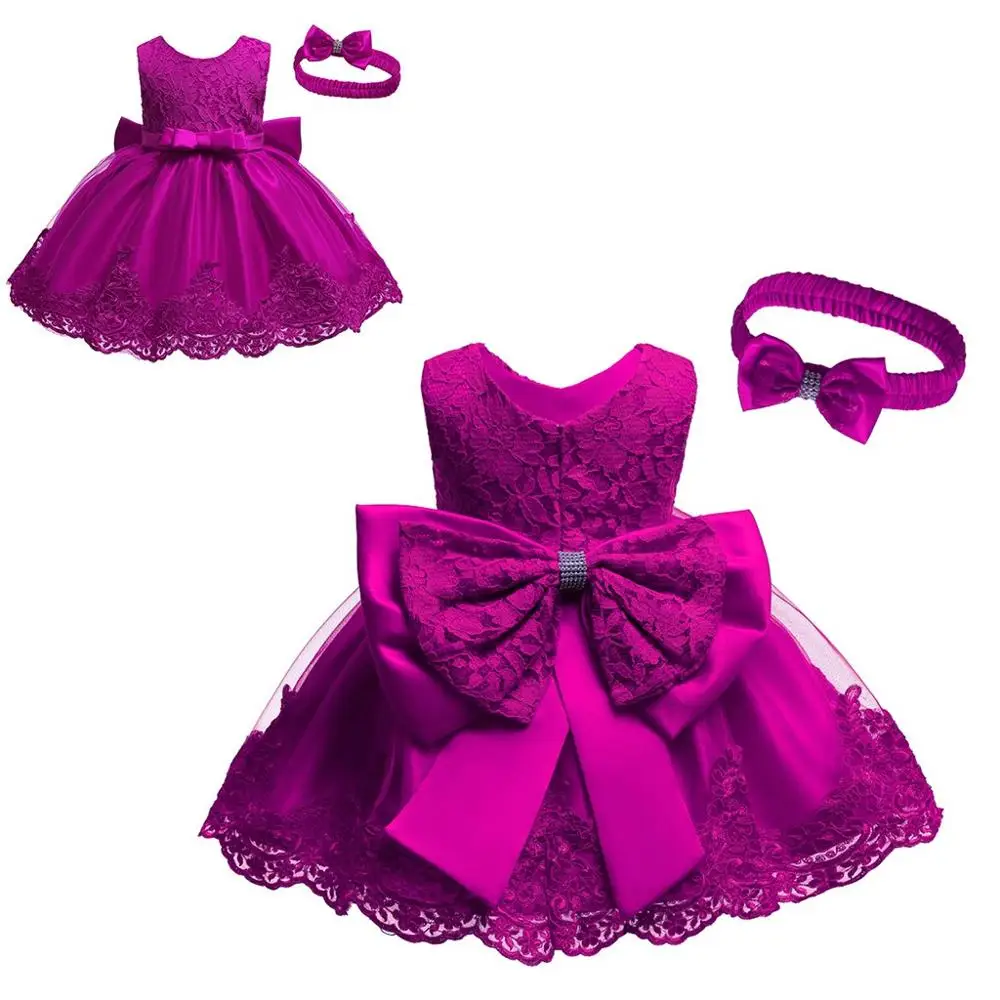 Hot Pink Кружевное платье для малышей розовое платье для крещения с большим бантом для девочек 1 год, платье для дня рождения, свадьбы, коллекция года, летнее платье для маленьких девочек, A2 - Цвет: Hot Pink