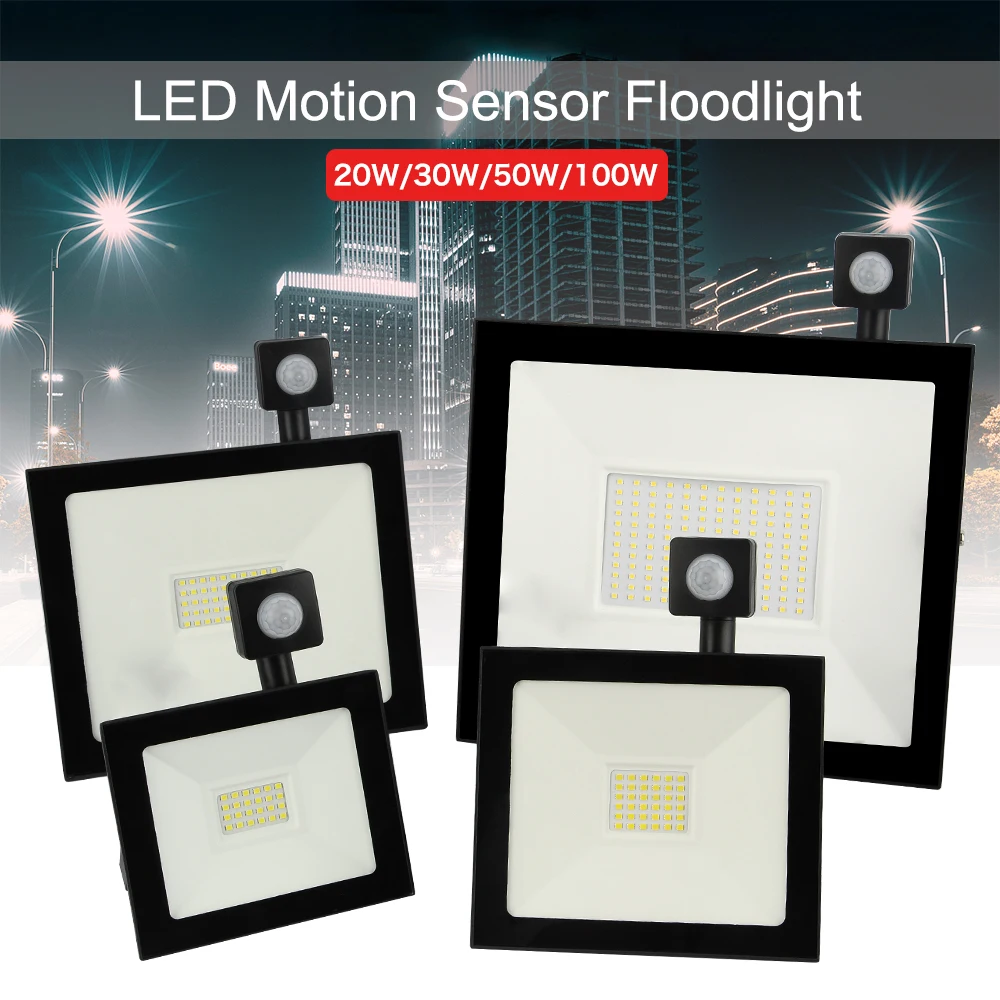 

LED Flood Light With Motion Sensor Adjust PIR Outdoor Spotlight AC220V 100W 50W 30W 20W Reflector Projector Wall Lamp For Garden