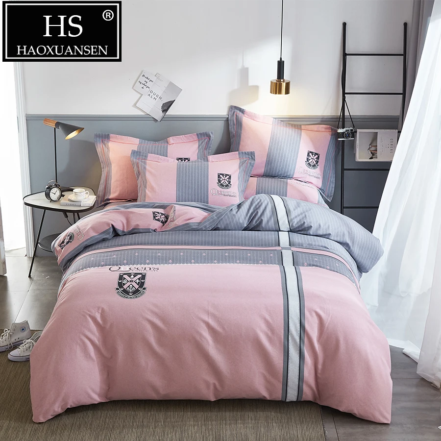 

4Pieces Sanding Cotton Stripe Bedding Set Pink Grey with Crest 400 Thread Count Duvet Cover Winter Flat Sheets Queen King Size