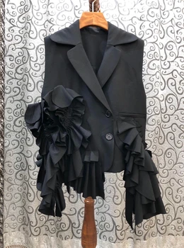 

2020 Spring and Summer New Women's Lapel Double-breasted Irregular Pleated Stitching All-match Jacket 615