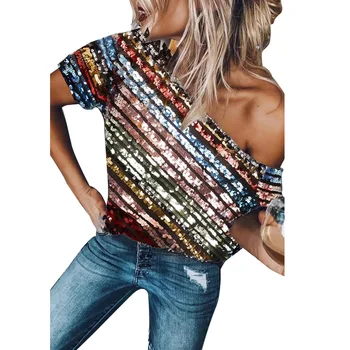 

STYLISH LADY Glitter SequinColorful Striped T Shirt 2020 Autumn Women Short Sleeve One Shoulder Sexy Club Party Shiny Tops Tees