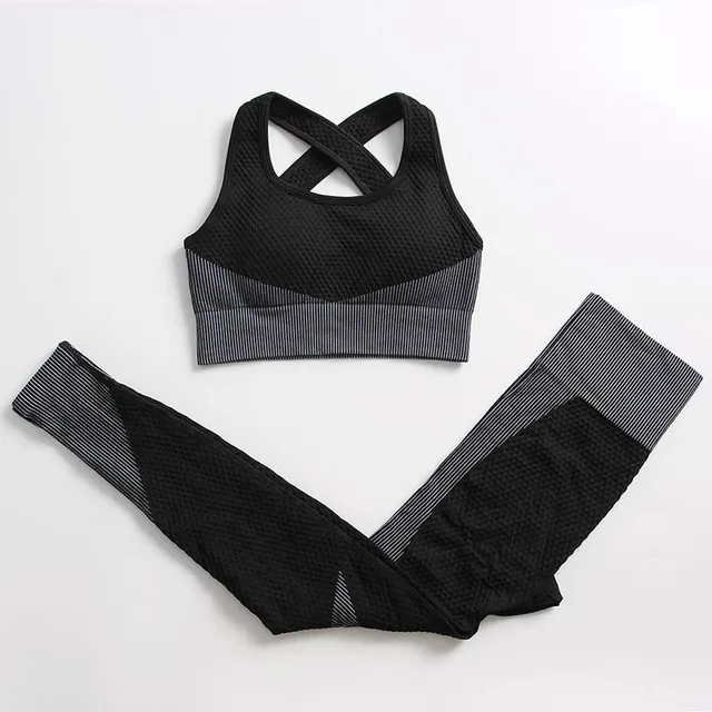 2/3PCS Women's Sportswear Seamless Yoga Set Workout Gym Clothing Fitness Long Sleeve Crop Top High Waist Leggings Sports Suits Style 1 Black Gray