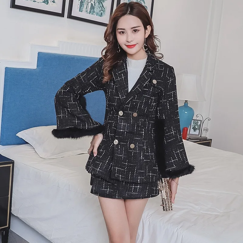 

Socialite Small Fragrant Wind Tweed Suit 20 Slim Fit Temperament Light Luxury Coat Half Body Skirt Two-piece Set Female Black