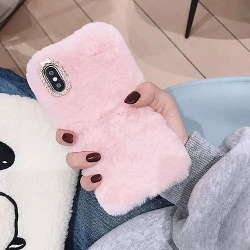 fen Роскошный чехол из кроличьего меха для iphone 6, 6 S, 7, 7 Plus, 8, 8 Plus, 5, 5S, SE, Модный зимний блестящий чехол для телефона iphone 11 Pro, XS, Max, X, XR - Цвет: fen