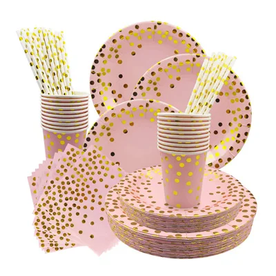 250 шт одноразовые столовые приборы в Золотой горошек розового и черного цвета, свадебные стаканчики для детского душа, соломинки, салфетки, тарелки для дня рождения, декор для девочек - Цвет: Pink