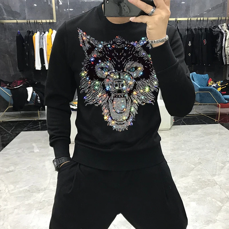 

New Personality Hot Diamond Exquisite Jogging Fitness Men's Hoodie Oversized European Warm Design