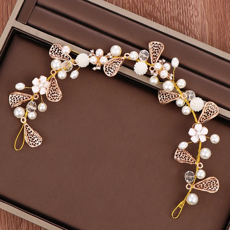 Gold Pearl Rhinestone Flower Headband Bride Headpiece Handmade Wedding Hair Band Head Jewelry For Women Baridal Accessories | Украшения и