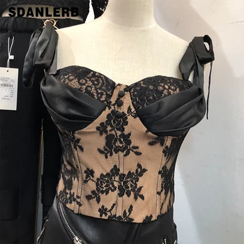 

2020 Spring Summer Blouse Women New Korean Retro Lace Bow Tank Slim-Fit Strapless Shirt Women's Slim Camis Crooped Tops