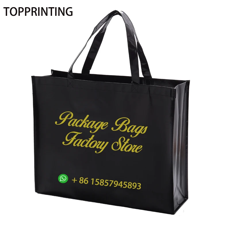 

500pcs Black Metallic Customized Reusable Grocery Laminated Bag Logo Shopping Non-woven Polypropylene Bag Tradeshow as Giveaways
