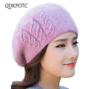 

QDKPOTC Autumn Winter New Women Berets Fashion Comfortable Rabbit Hair Hat Female Leisure Travel Keep Warm knitting Cap