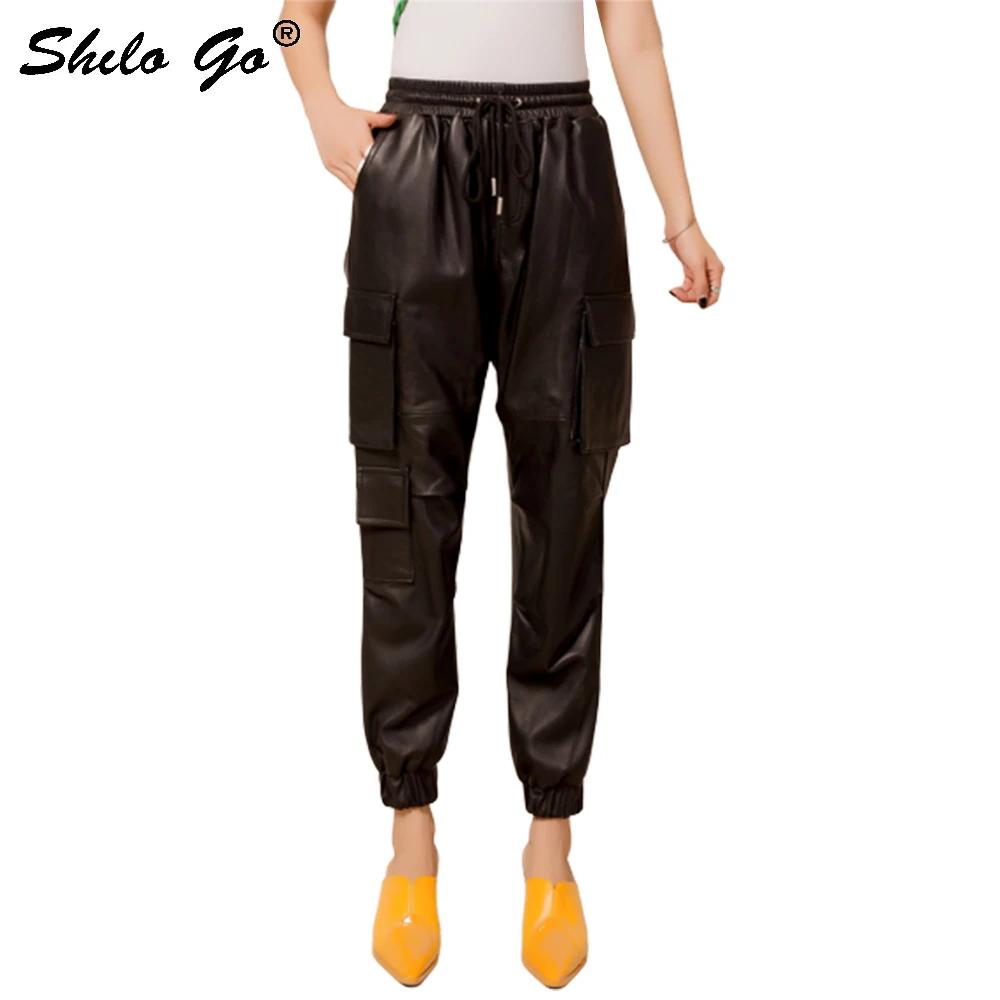 Lederen Broek Safari Stijl Koord Pocket Side Schapenvacht Harembroek Vrouwen Herfst Winter Zwarte Casual Broek