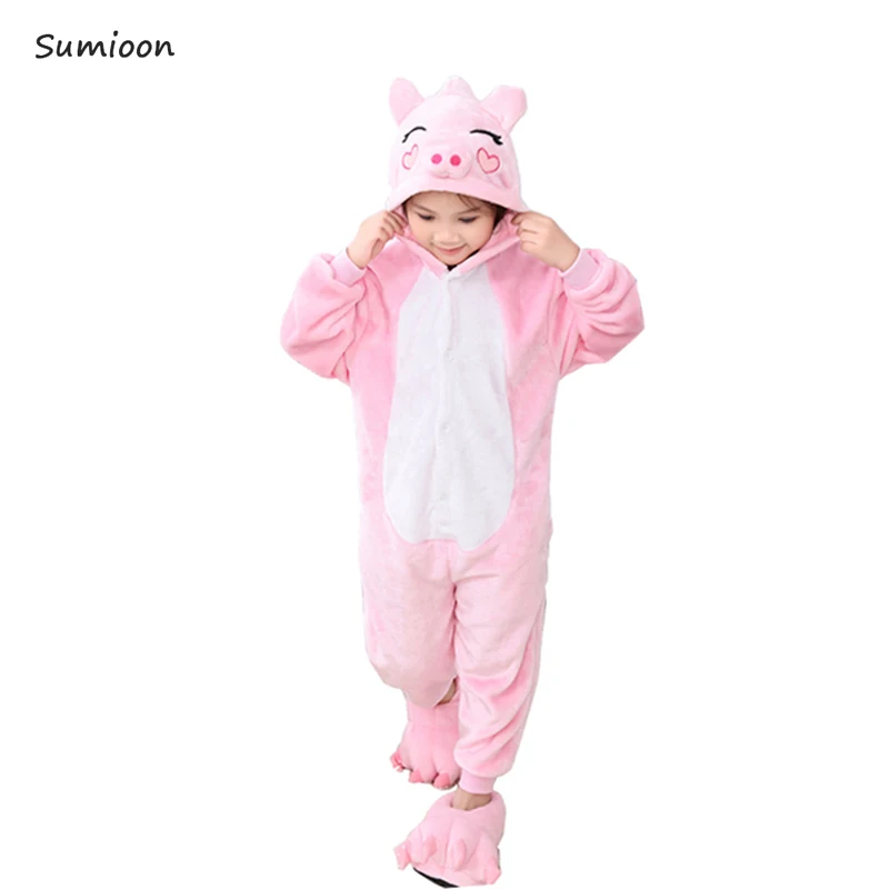 Детские пижамы кигуруми, комбинезон, детские пижамы с единорогом для мальчиков и девочек, пижамы, зимние пижамы с изображением панды, одежда для сна для подростков, детский комбинезон - Цвет: Pink pig