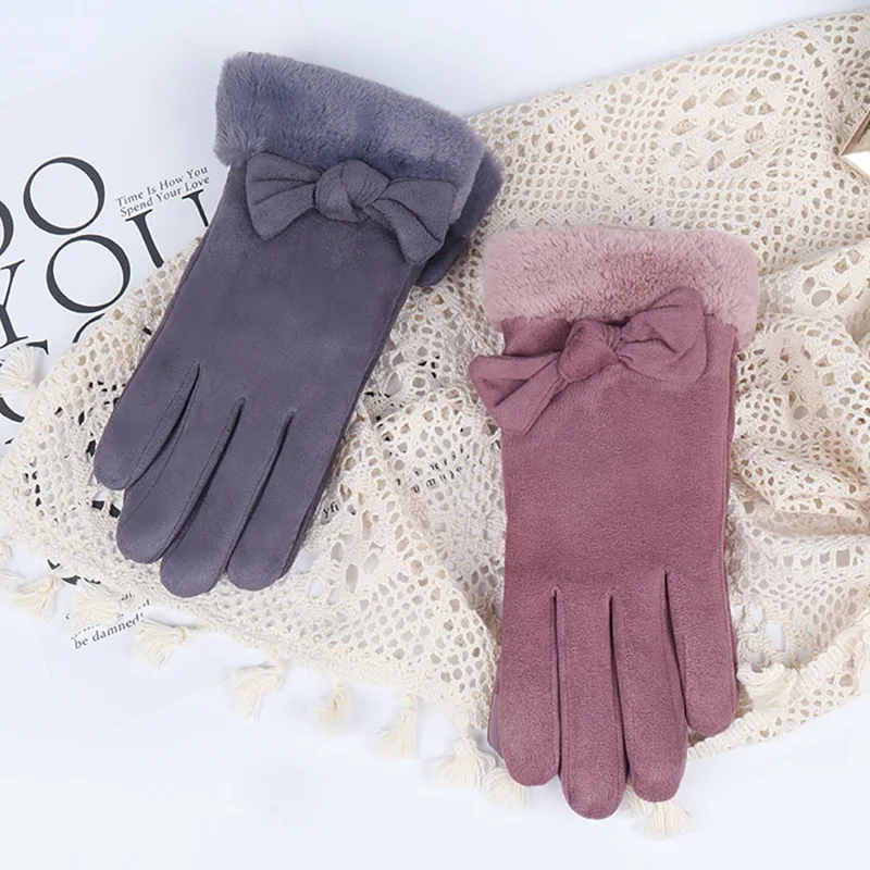 Осенне-зимние женские перчатки с бархатным бантом, с сенсорным экраном, милые теплые замшевые рукавицы, женские перчатки с защитой от холода