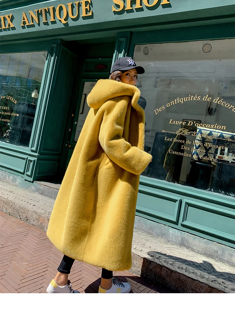 Осенне-зимняя длинная норка женская куртка из искусственного меха платье с открытыми плечами большой размер меховое пальто с капюшоном свободное толстое теплое Женское пальто уличная